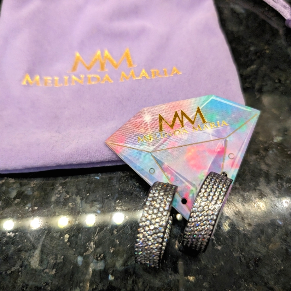Sparkle! Melinda Maria Slick Pave Gunmetal Hoop Earrings